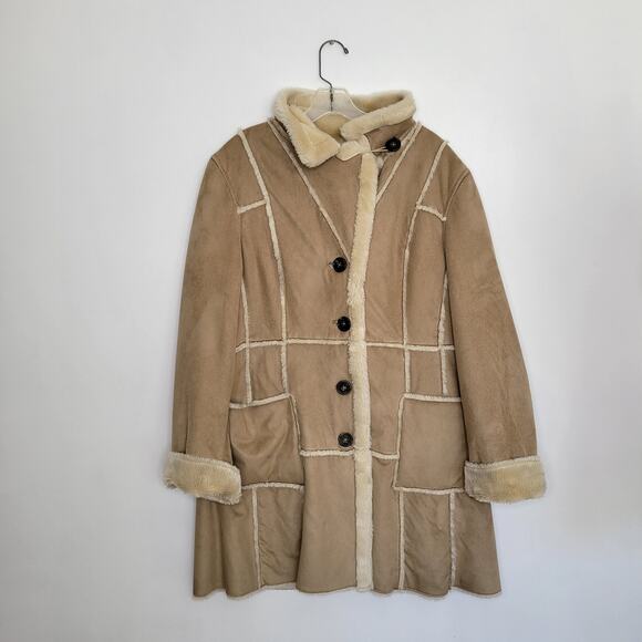 Big Chill Penny Lane Coat Tan Faux Shearling Y2K Patchwork Women Large - Picture 13 of 16